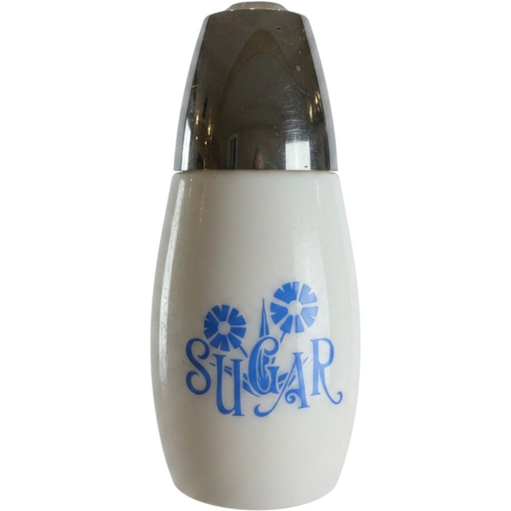 Vintage Milk Glass Sugar Shaker Blue Floral Retro Mid Century Kitchenware White